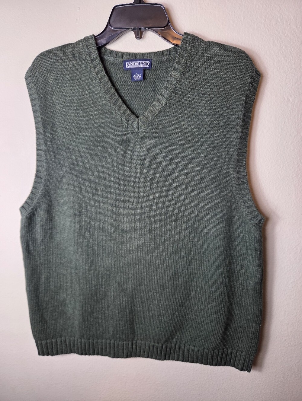 Lands End Cotton Sweater Vest L Olive Green 100% Cotton Made In Japan Vintage